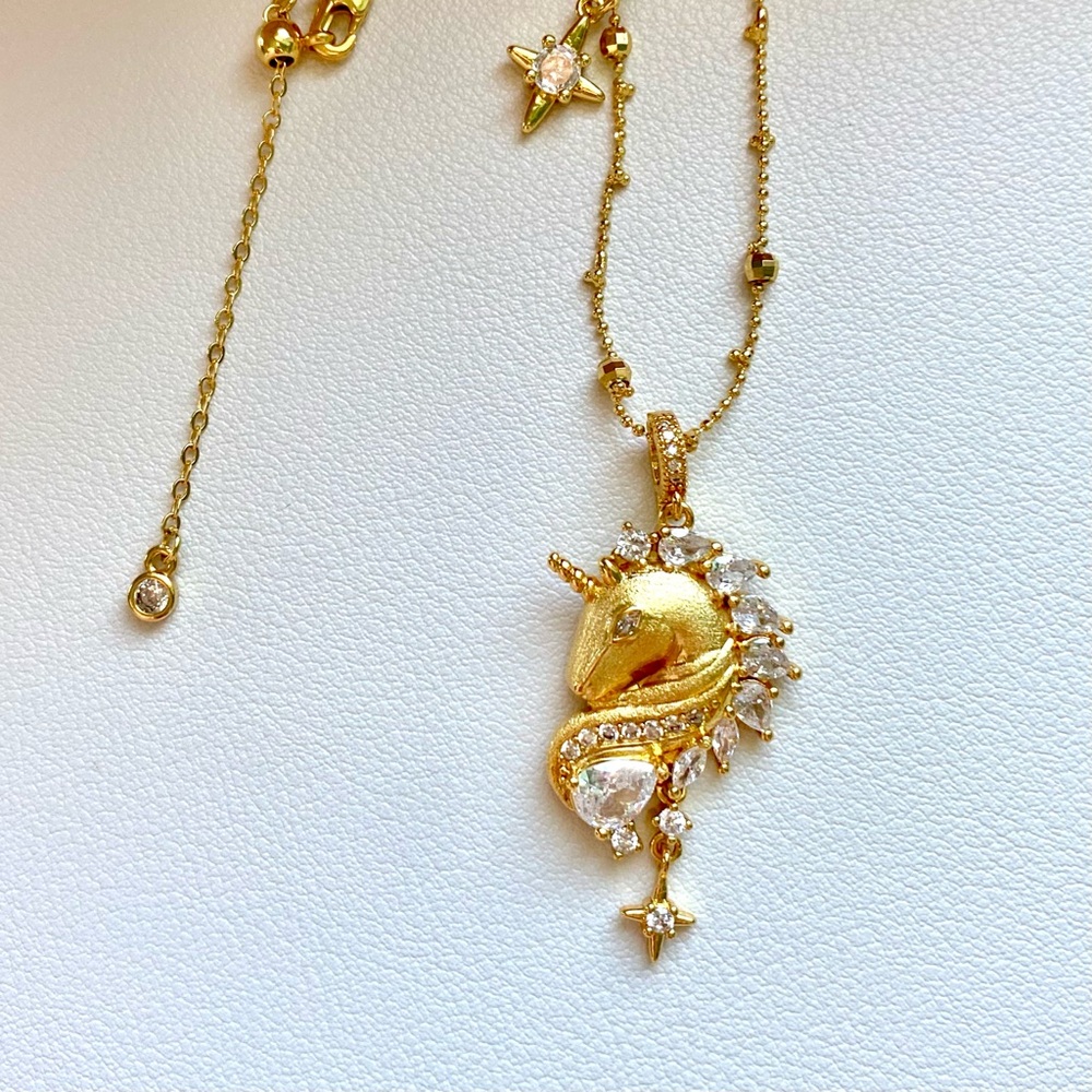 Gold Unicorn Pendant Necklace with Clear Crystals